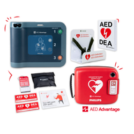 A Philips FRx AED displayed in a collage with its carry case, wall bracket, wall sign, and other accessories.