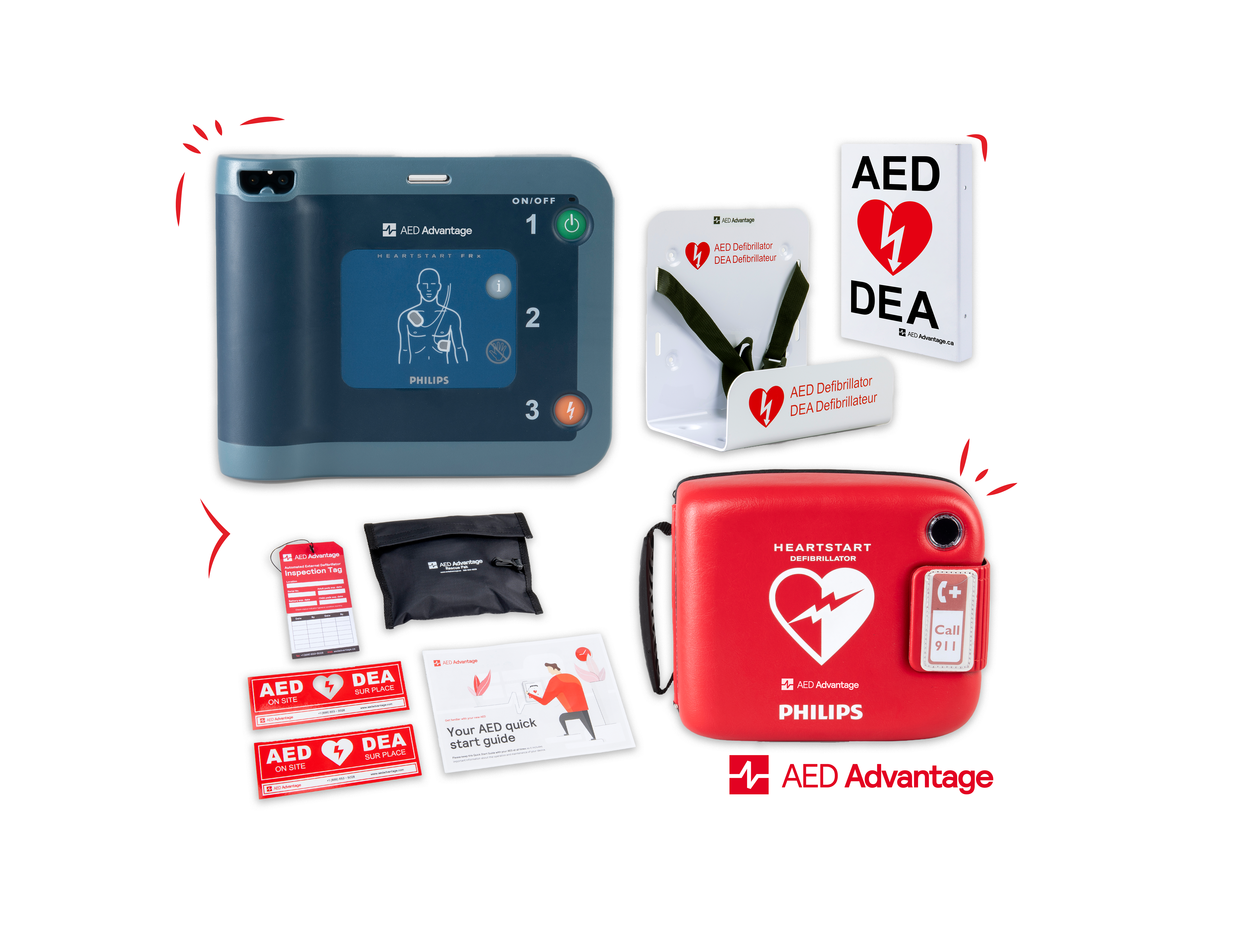 A Philips FRx AED displayed in a collage with its carry case, wall bracket, wall sign, and other accessories.