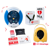 A HeartSine 350P AED displayed in a collage with its carry case, wall bracket, wall sign, and other accessories.