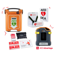 A Powerheart G5 AED displayed in a collage with its carry case, wall bracket, wall sign, and other accessories.