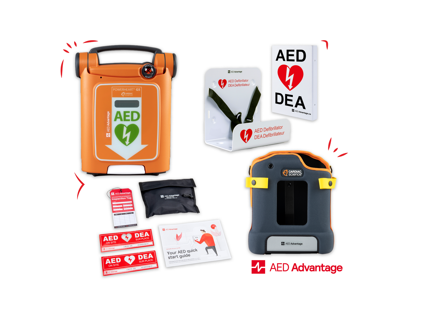 A Powerheart G5 AED displayed in a collage with its carry case, wall bracket, wall sign, and other accessories.