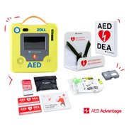 A ZOLL AED 3 machine displayed in a collage with its carry case, wall bracket, wall sign, and other accessories.