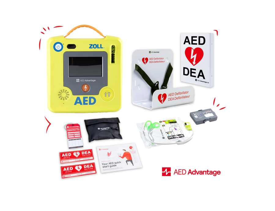 A ZOLL AED 3 machine displayed in a collage with its carry case, wall bracket, wall sign, and other accessories.