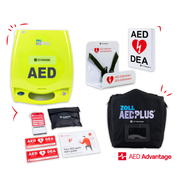 A ZOLL AED Plus machine displayed in a collage with its carry case, wall bracket, wall sign, and other accessories. 