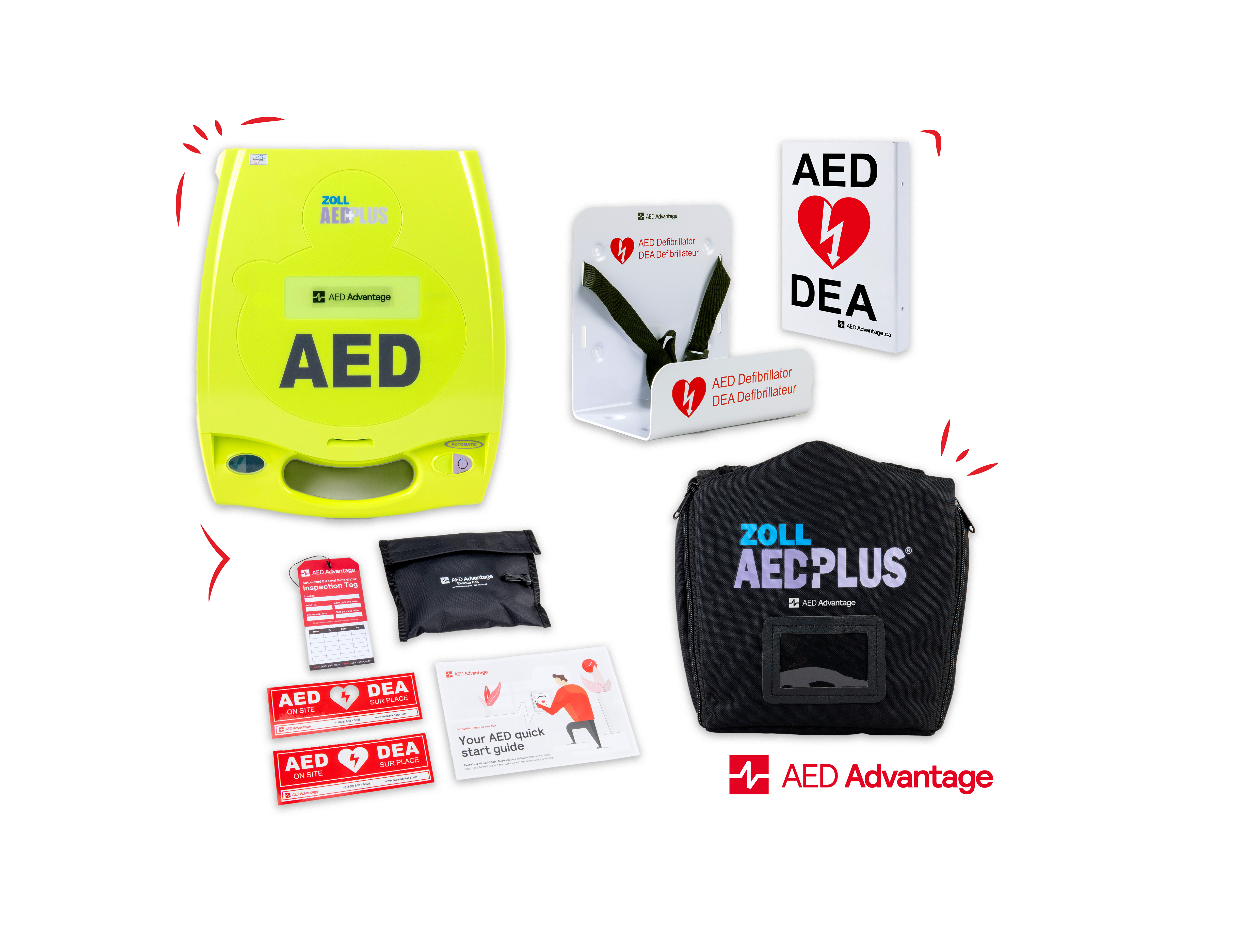 A ZOLL AED Plus machine displayed in a collage with its carry case, wall bracket, wall sign, and other accessories. 