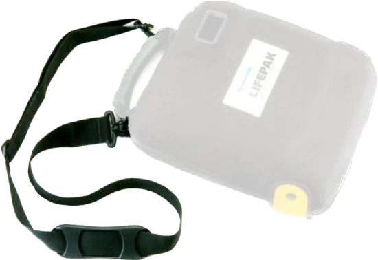 A black AED carry case with a carry strap.