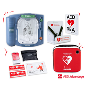 A Philips OnSite AED displayed in a collage with its carry case, wall bracket, wall sign, and other accessories.