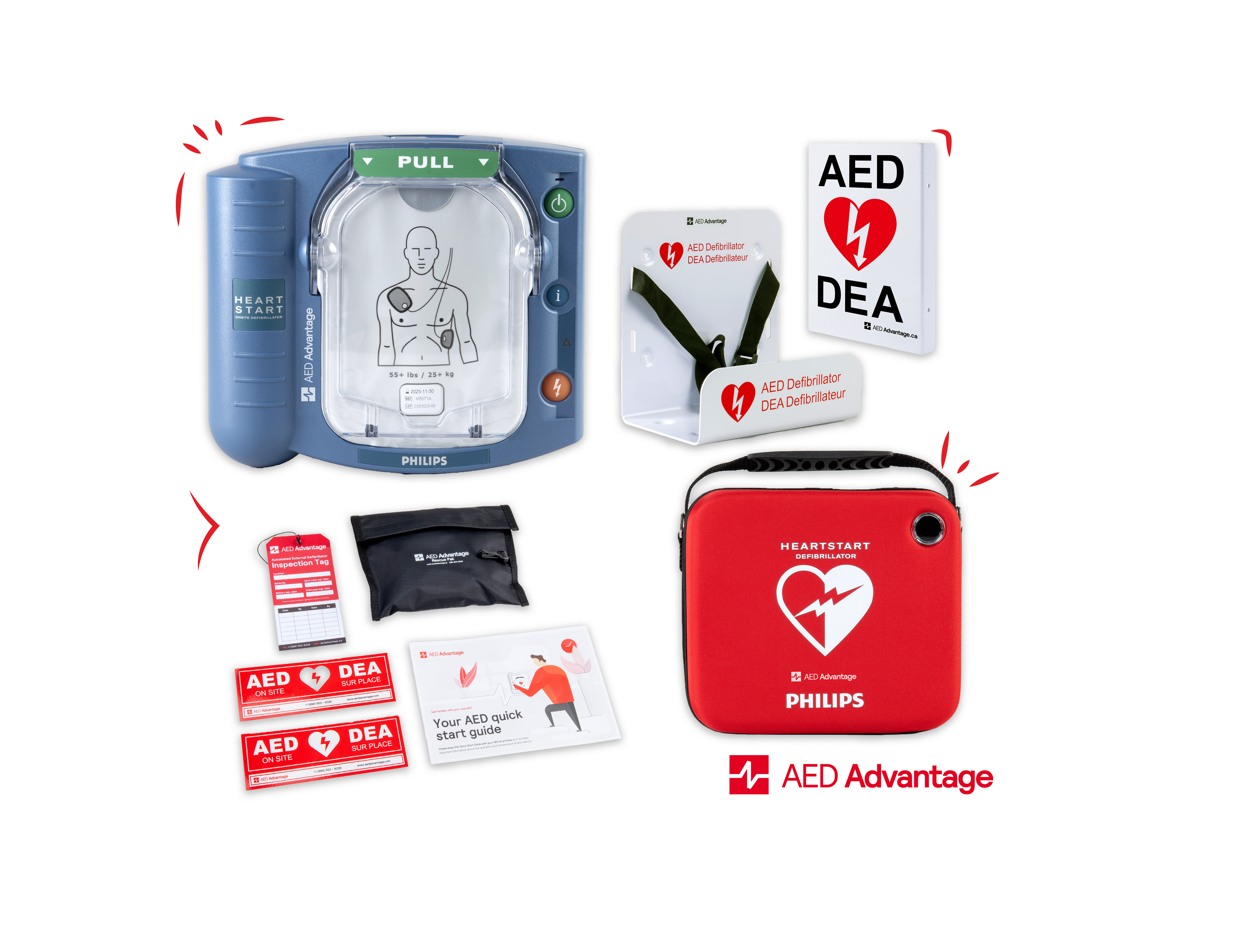 A Philips OnSite AED displayed in a collage with its carry case, wall bracket, wall sign, and other accessories.