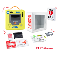 A ZOLL AED 3 machine displayed in a collage with its carry case, storage cabinet, wall sign, and other accessories.