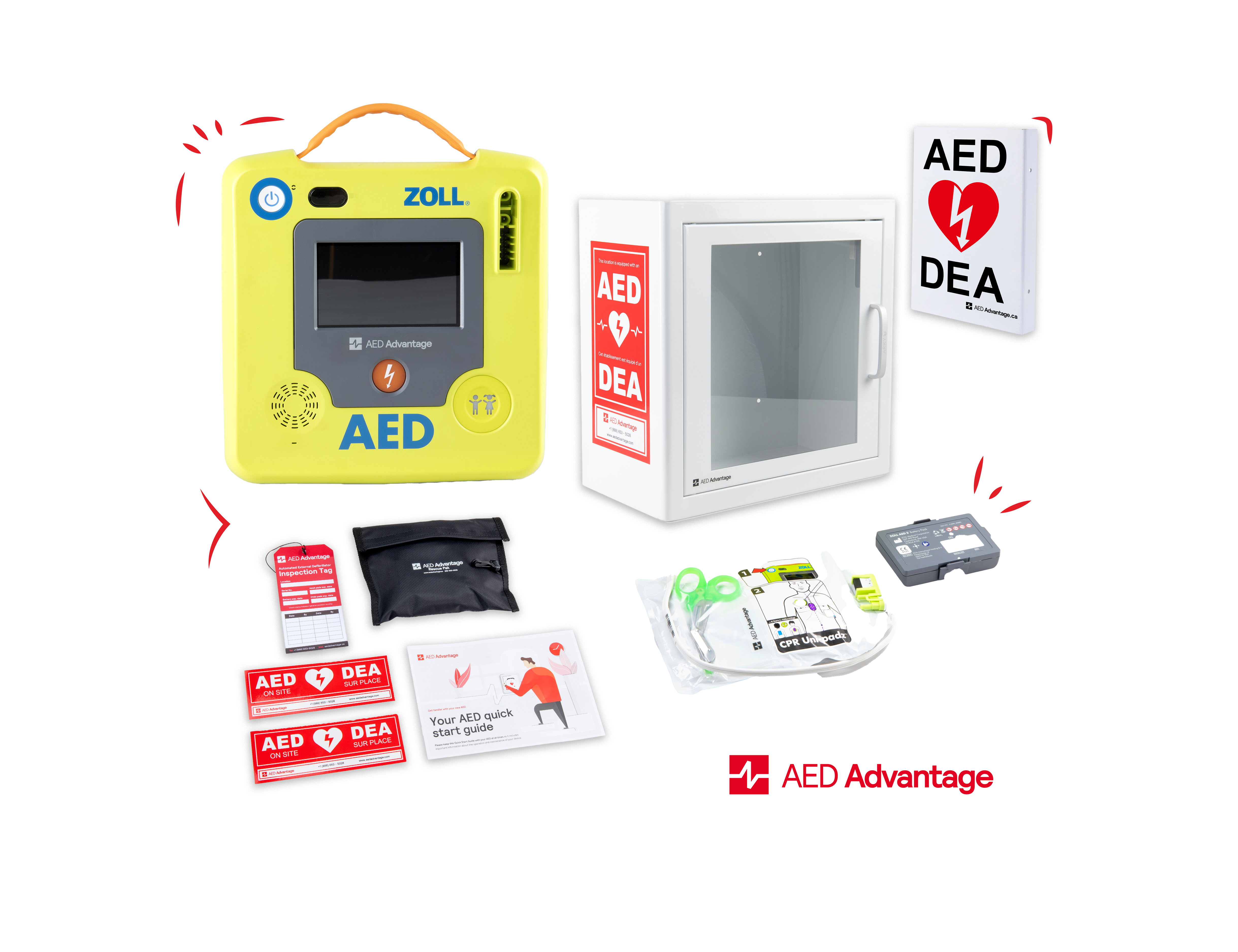 A ZOLL AED 3 machine displayed in a collage with its carry case, storage cabinet, wall sign, and other accessories.