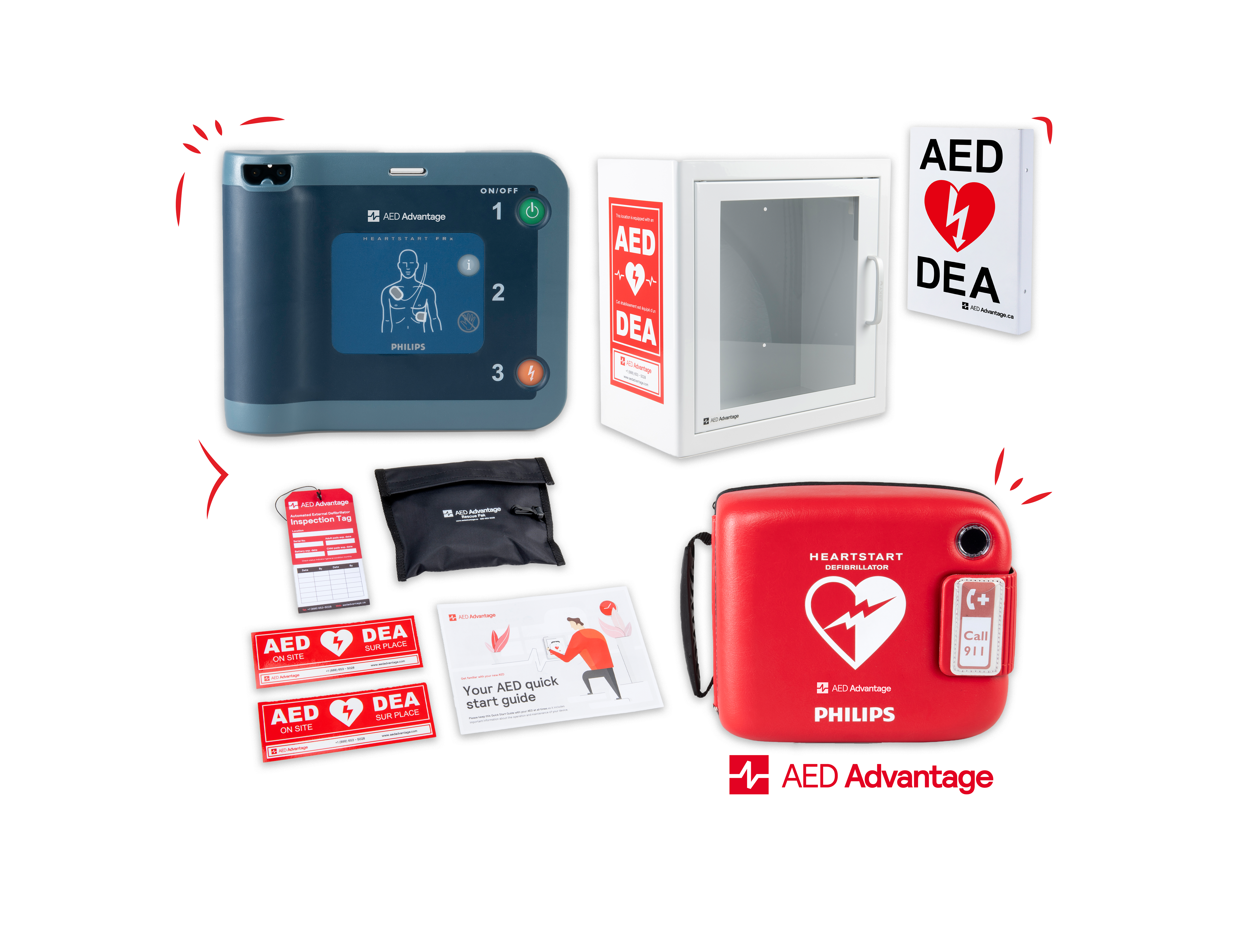 A Philips FRx AED displayed in a collage with its carry case, storage cabinet, wall sign, and other accessories.