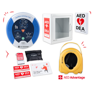 A HeartSine 500P AED displayed in a collage with its carry case, storage cabinet, wall sign, and other accessories.