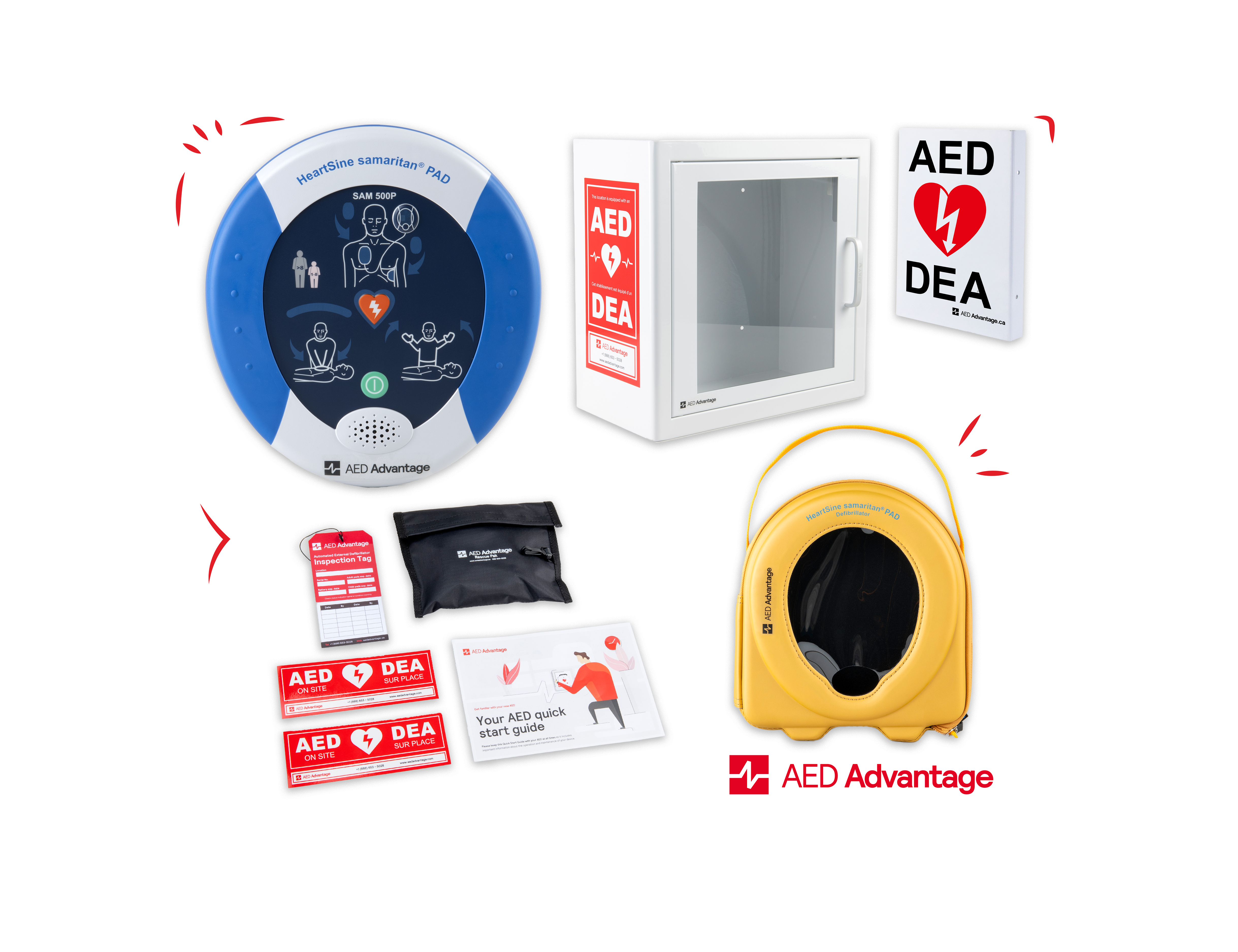 A HeartSine 500P AED displayed in a collage with its carry case, storage cabinet, wall sign, and other accessories.