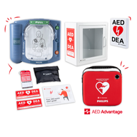 A Philips OnSite AED displayed in a collage with its carry case, storage cabinet, wall sign, and other accessories.