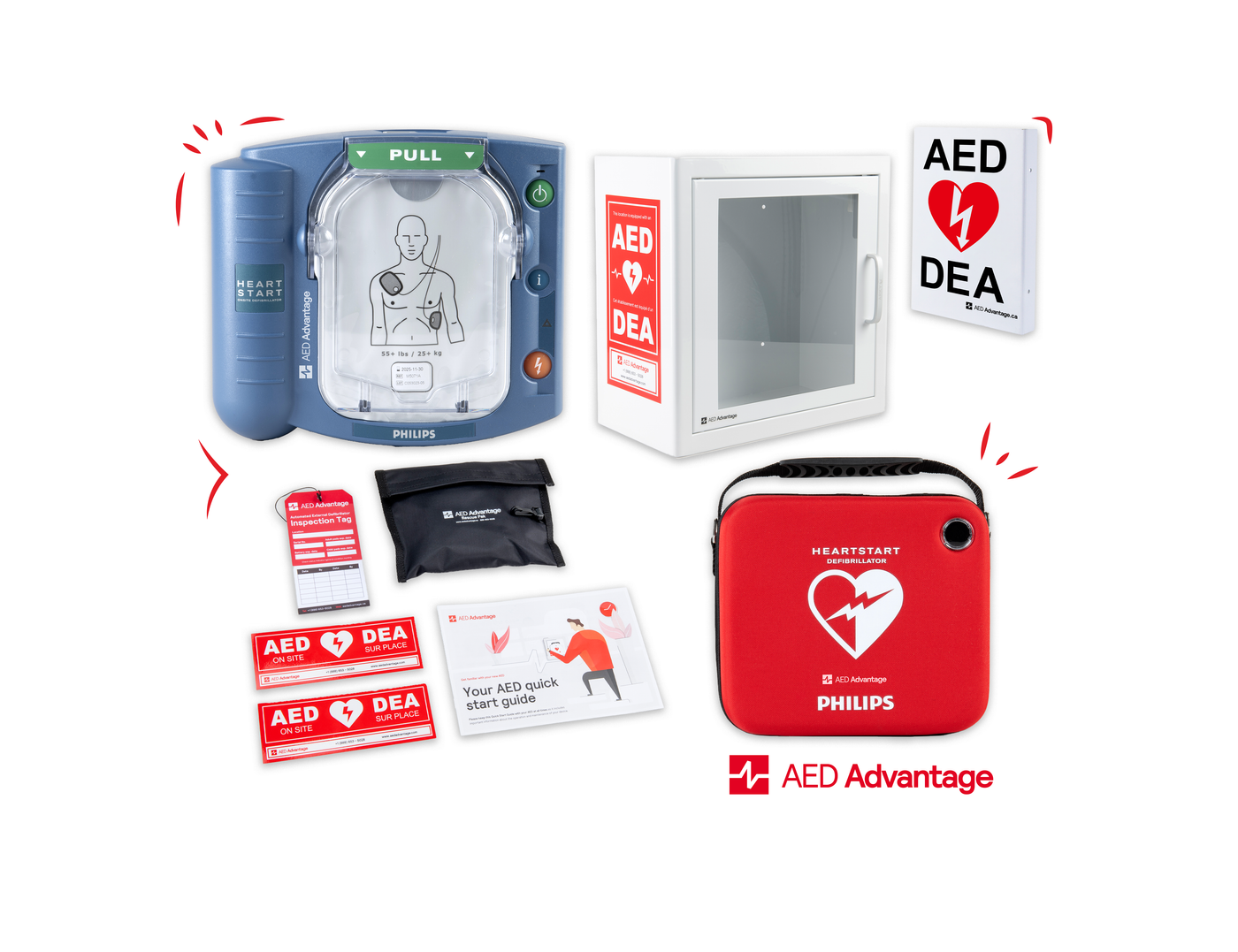 A Philips OnSite AED displayed in a collage with its carry case, storage cabinet, wall sign, and other accessories.