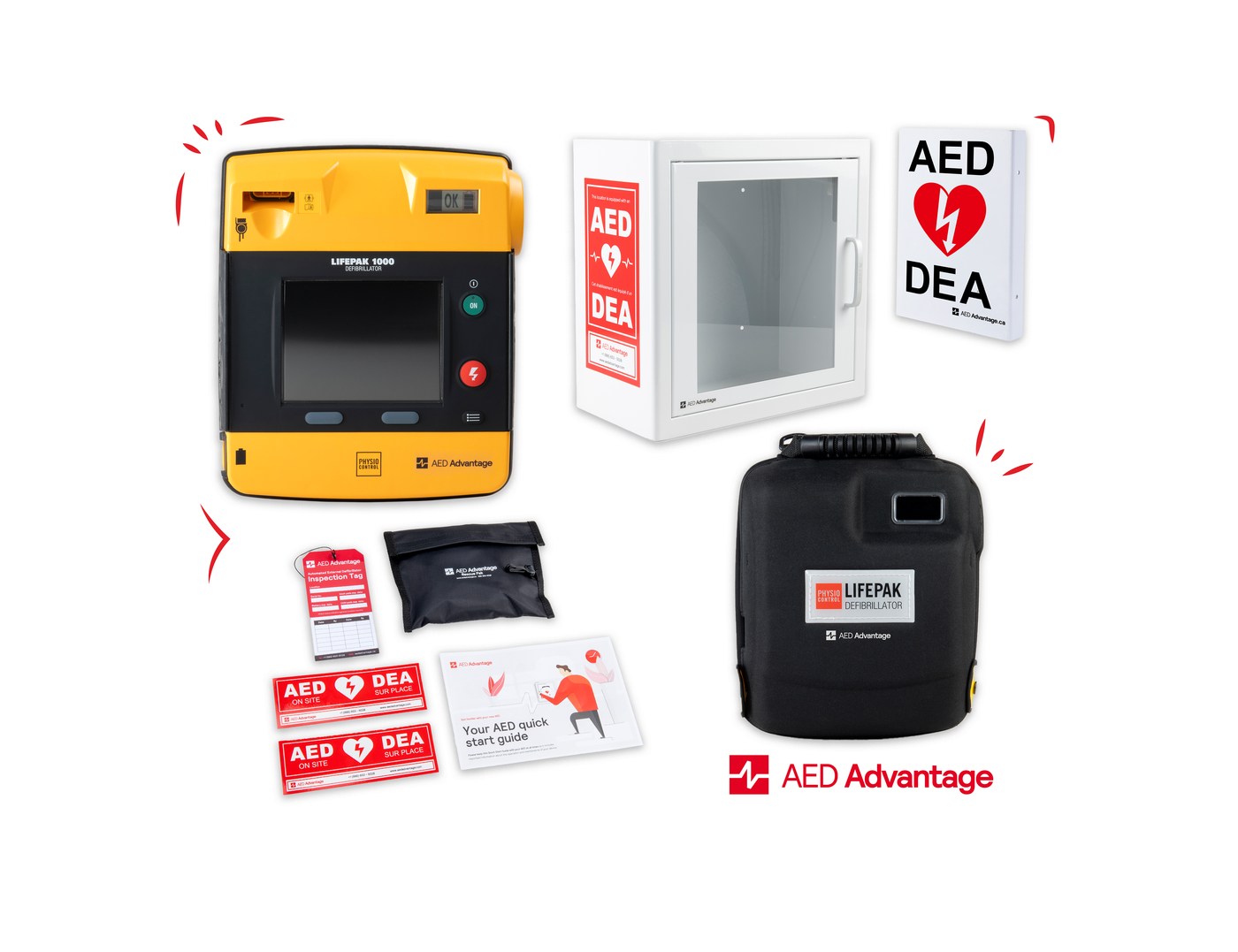 A LIFEPAK 1000 AED displayed in a collag ewith it scarry case, storage cabinet, wall sign, and other accessories. 