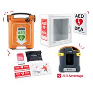 A Powerheart G5 AED displayed in a collage with its carry case, storage cabinet, wall sign, and other accessories.