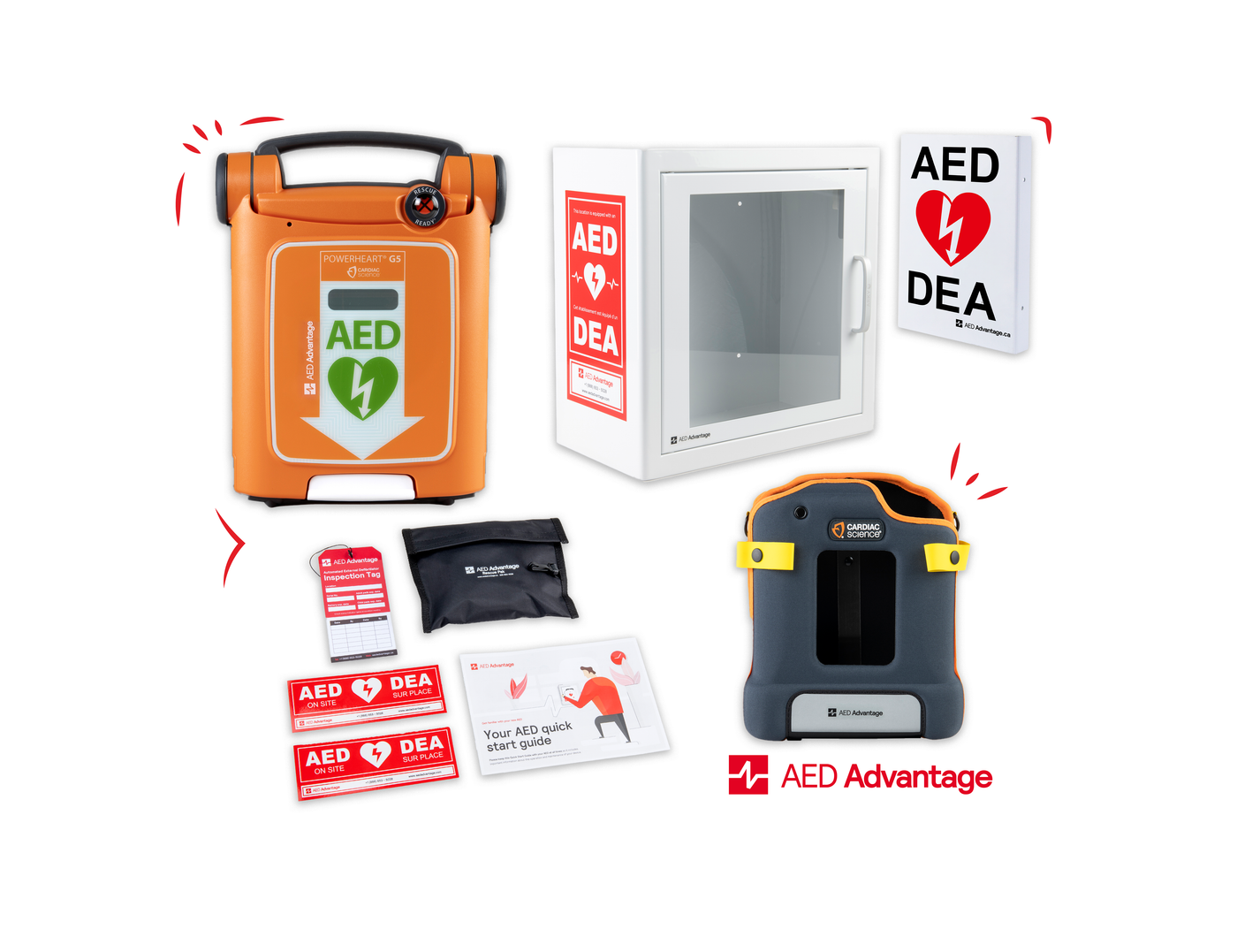 A Powerheart G5 AED displayed in a collage with its carry case, storage cabinet, wall sign, and other accessories.