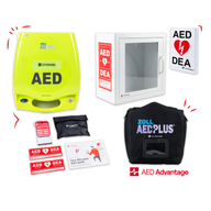 A ZOLL AED Plus machine displayed in a collage with its carry case, storage cabinet, wall sign, and other accessories. 