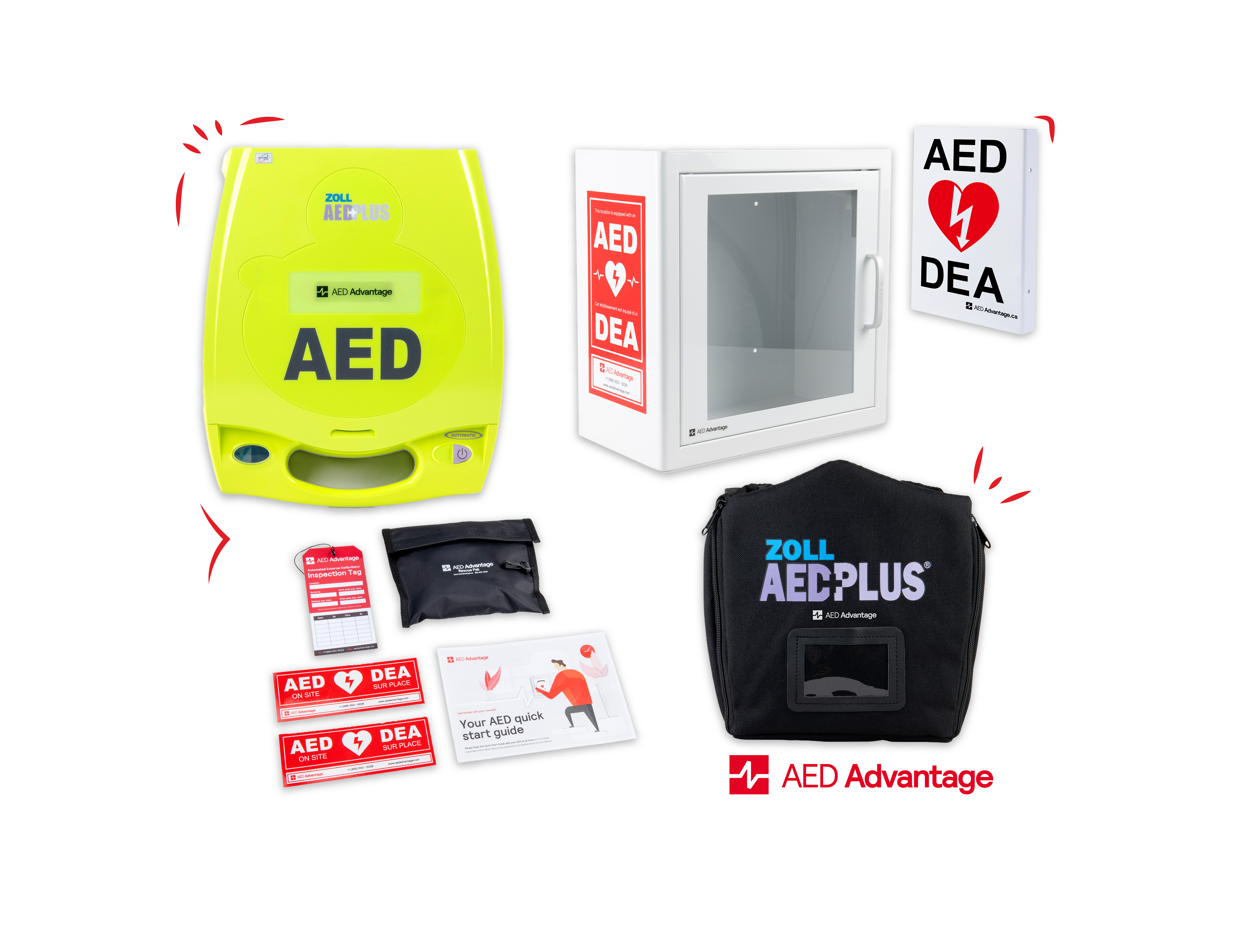 A ZOLL AED Plus machine displayed in a collage with its carry case, storage cabinet, wall sign, and other accessories. 