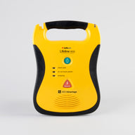 A black and yellow Defibtech Lifeline AED along with its battery pack and electrodes