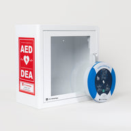 A blue and white HeartSine 360P AED standing in front of a white metal cabinet with red decals