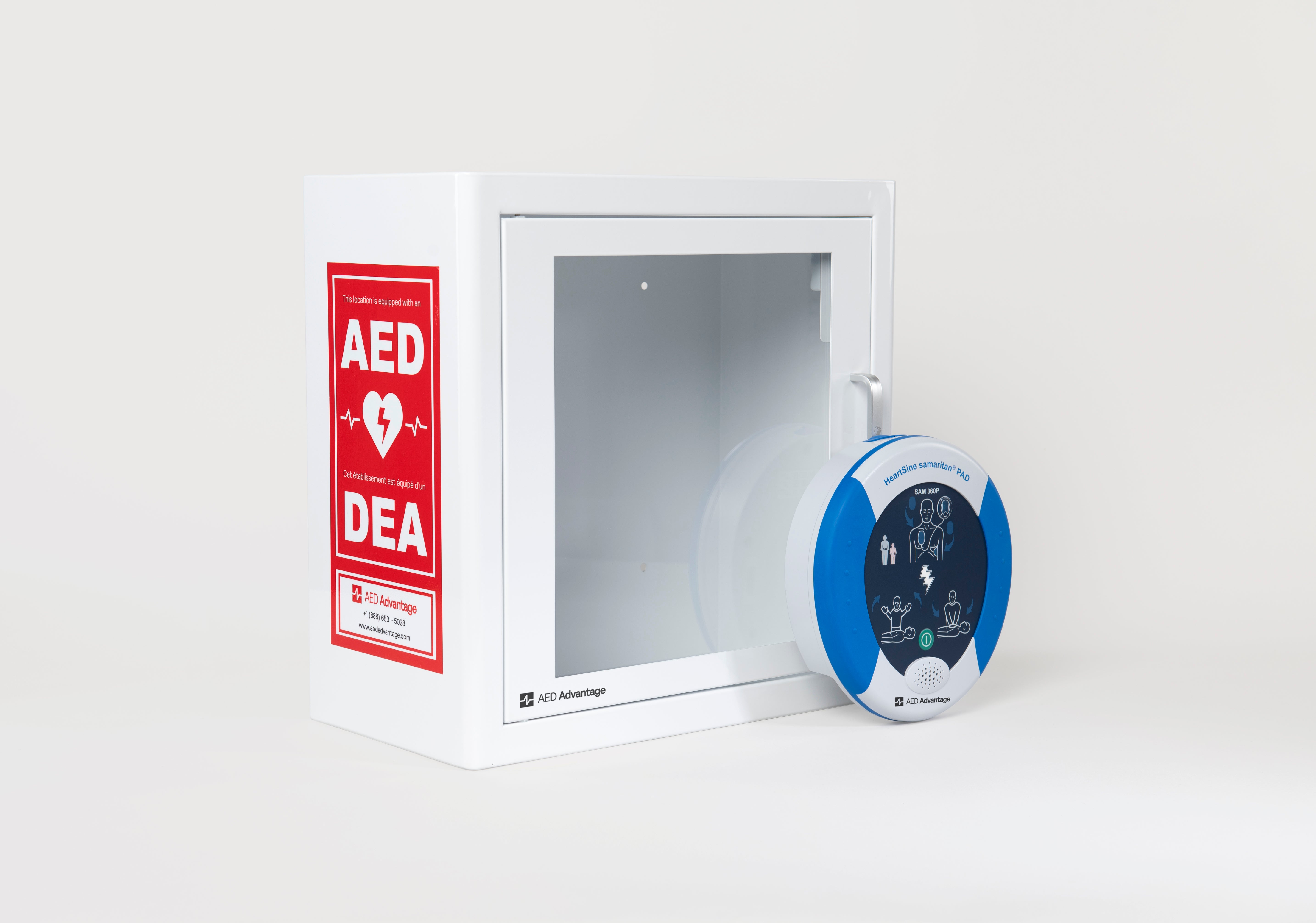 A blue and white HeartSine 360P AED standing in front of a white metal cabinet with red decals