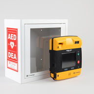 A black and yellow LIFEPAK 1000 AED standing in front of a white metal cabinet with red decals