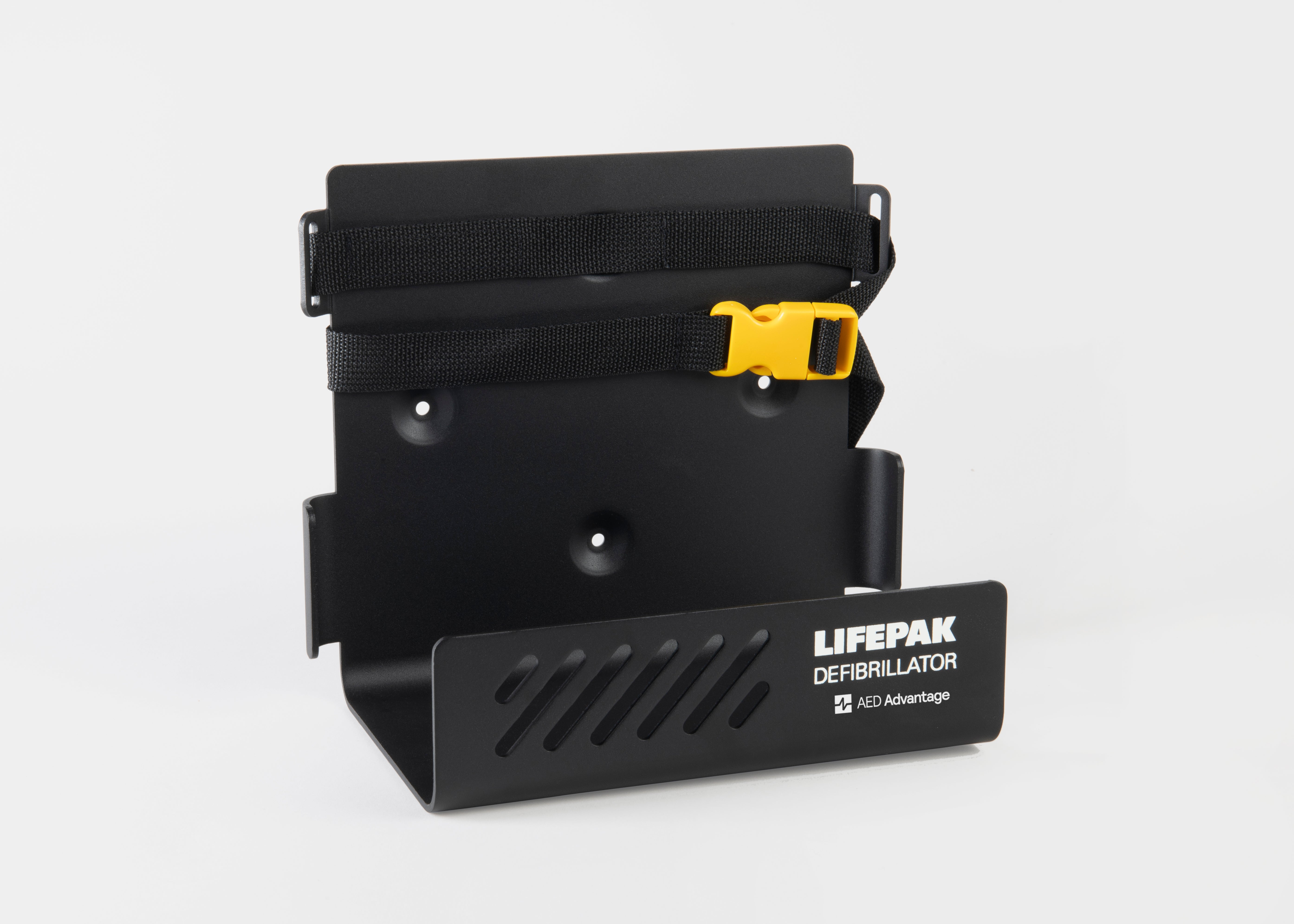 A black metal wall mount LIFEPAK 1000 AED bracket with a strap