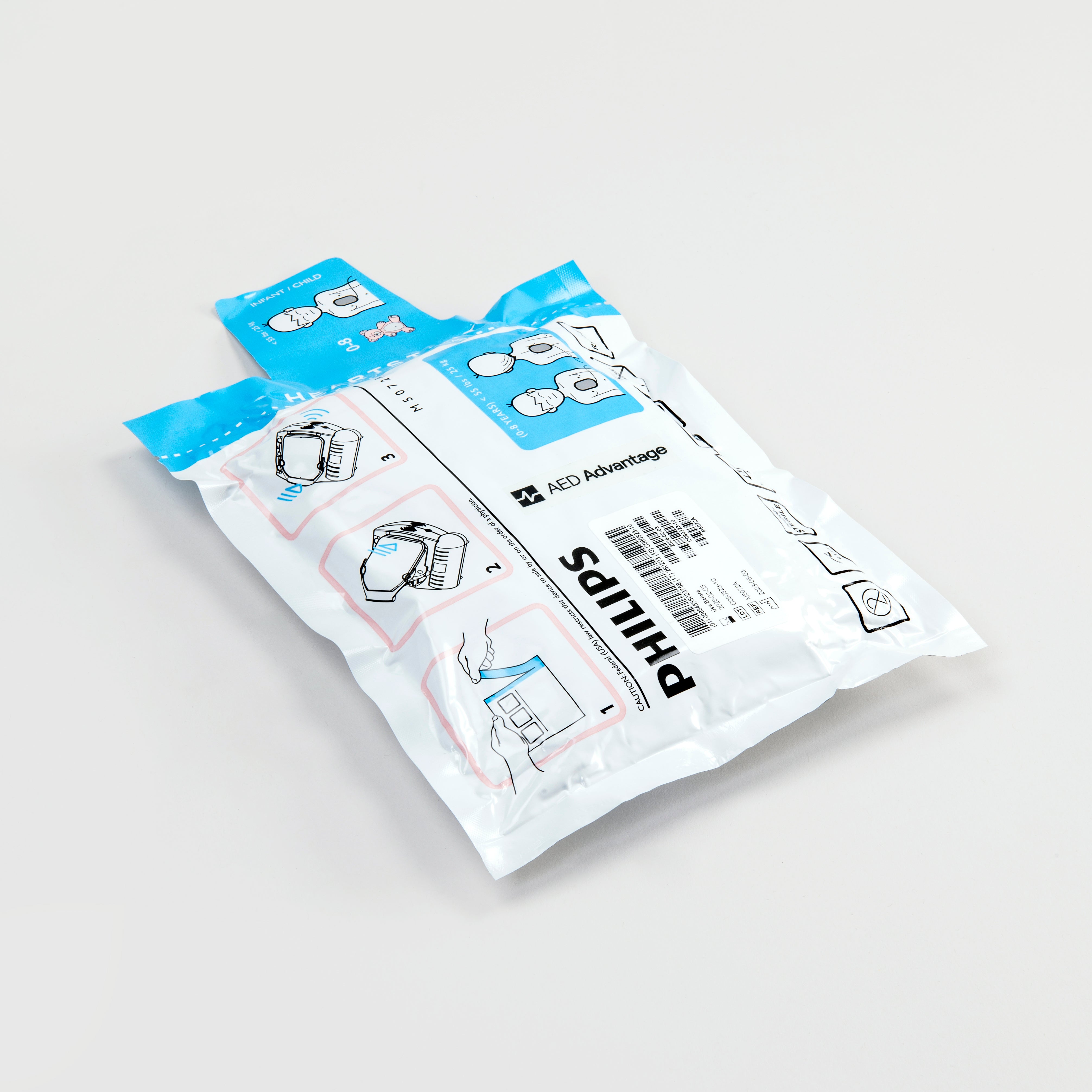 A white and blue rectangular foil package containing pediatric electrodes for the Philips OnSite Defibrillator