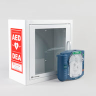 A blue Philips OnSite AED standing in front of a white metal cabinet with red decals