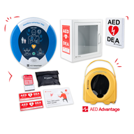 A HeartSine 350P AED displayed in a collage with its carry case, storage cabinet, wall sign, and other accessories.