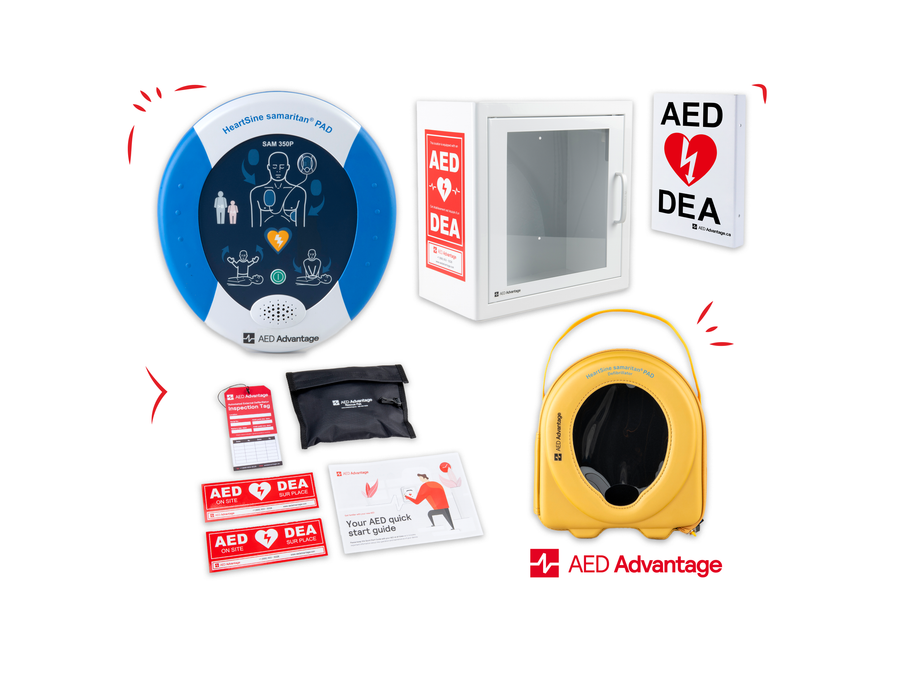 A HeartSine 350P AED displayed in a collage with its carry case, storage cabinet, wall sign, and other accessories.