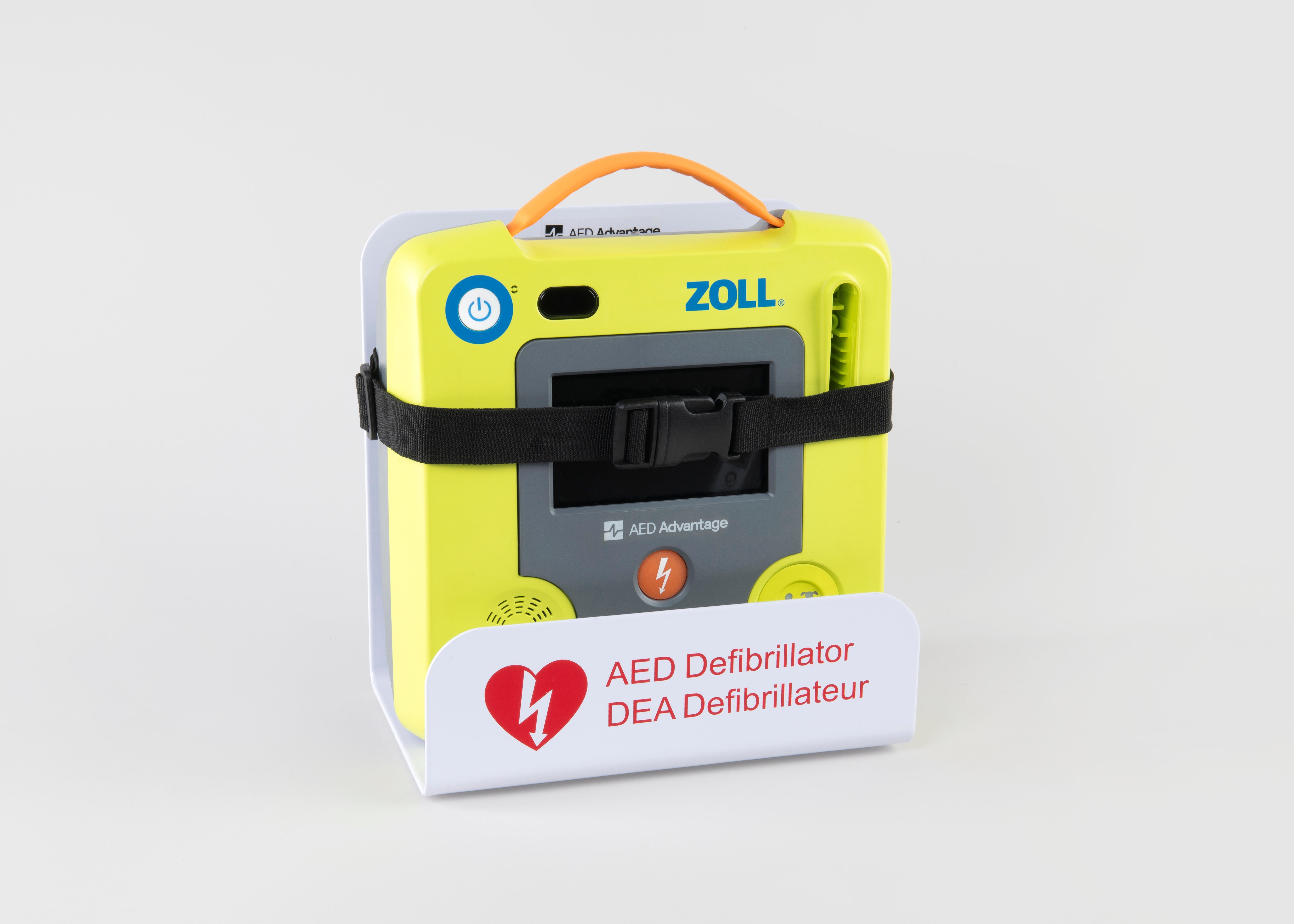 A green ZOLL AED 3 machine strapped into a white metal wall mount bracket