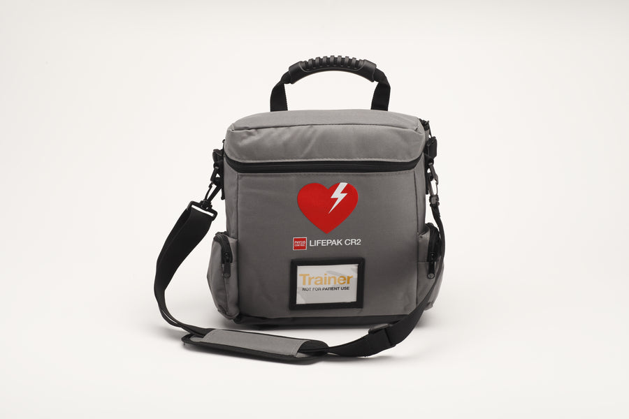A gray carry bag containing a LIFEPAK CR2 training device