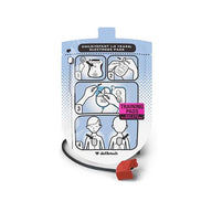 A blue foil package containing pediatric training electrodes for a Defibtech Lifeline AED