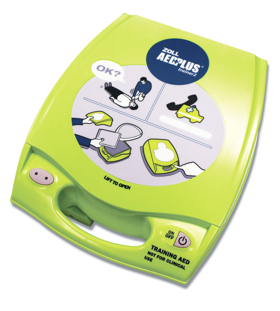 A bright green ZOLL training AED