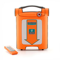 A bright orange Powerheart G5 training AED and its small orange remote