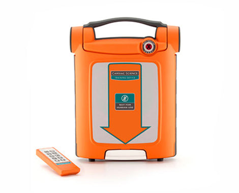 A bright orange Powerheart G5 training AED and its small orange remote