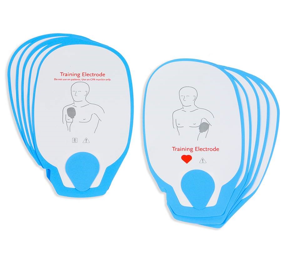 A set  of 5 white and blue training electrodes for the LIFEPAK 1000 AED.